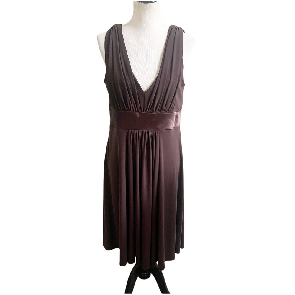 Jones Wear Jersey Dress Size 16 Brown Midi Satin Empire Waist Deep V Neck Draped